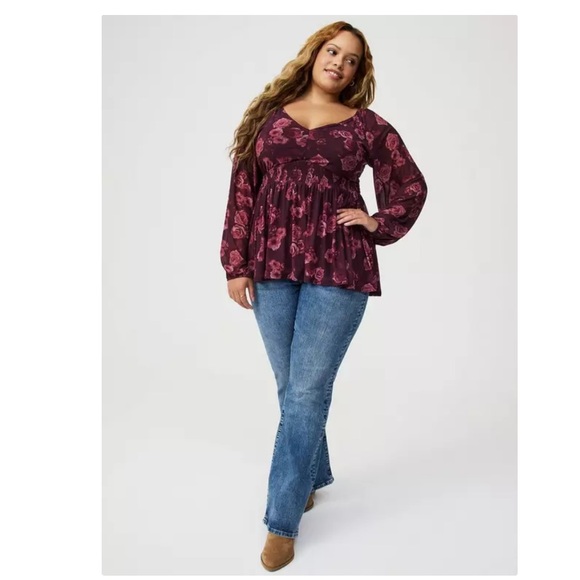 Torrid Fading Roses Floral Winetasting Babydoll with Long Mesh Sleeves Top 3X - Picture 4 of 8